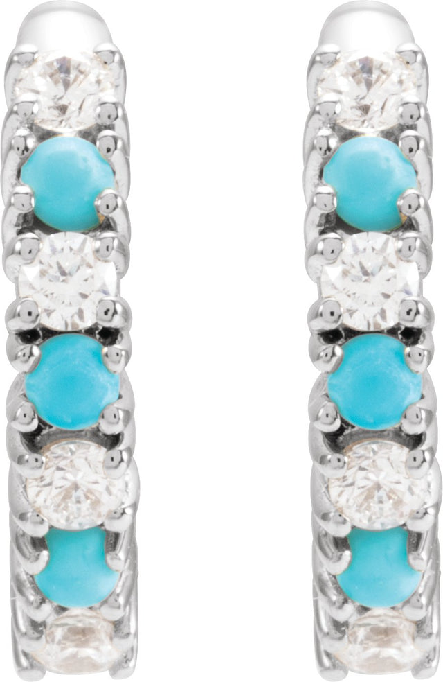 14K Gold Round Natural Turquoise & Natural Diamond Accented Hoop Earrings - White Gold - view 2
