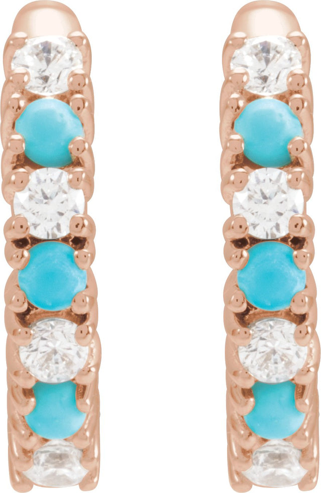14K Gold Round Natural Turquoise & Natural Diamond Accented Hoop Earrings - Rose Gold - view 2