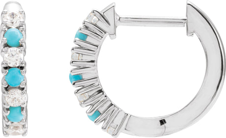 14K Gold Round Natural Turquoise & Natural Diamond Accented Hoop Earrings - White Gold