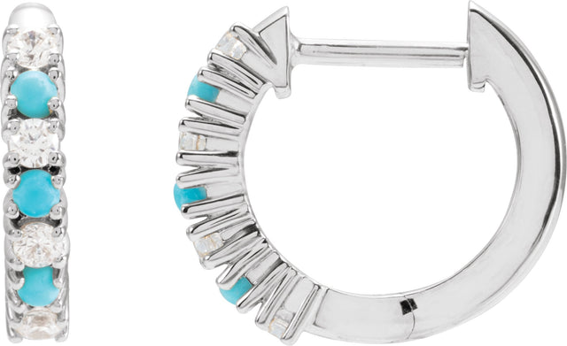 14K Gold Round Natural Turquoise & Natural Diamond Accented Hoop Earrings - White Gold