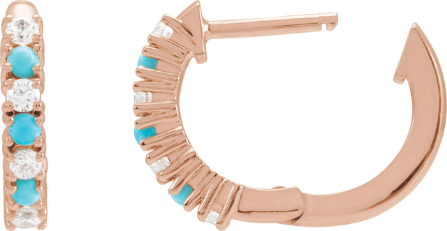 14K Gold Round Natural Turquoise & Natural Diamond Accented Hoop Earrings - Rose Gold - view 3