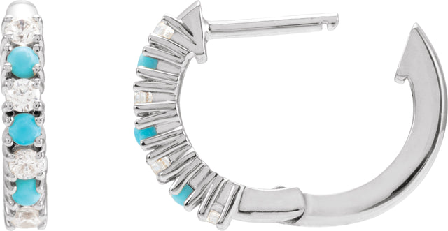 14K Gold Round Natural Turquoise & Natural Diamond Accented Hoop Earrings - White Gold - view 3