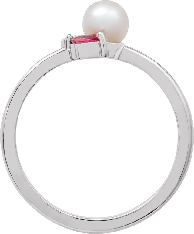 Platinum Cultured White Akoya Pearl & Natural Pink Tourmaline & Natural Pink Sapphire Accented Pearl Ring - view 2