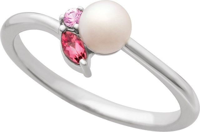 14K Gold Cultured White Akoya Pearl & Natural Pink Tourmaline & Natural Pink Sapphire Accented Pearl Ring - White Gold - view 4