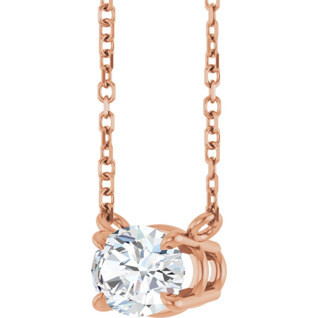 14K Gold Oval Natural White Sapphire Solitaire Necklace - Rose Gold - view 2