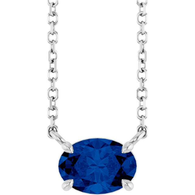 14K Gold Oval Lab-Grown Blue Sapphire Solitaire Necklace - White Gold