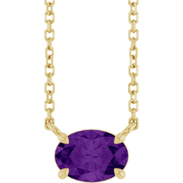 14K Gold Oval Natural Amethyst Solitaire Necklace - Yellow Gold