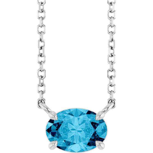 14K Gold Oval Natural Aquamarine Solitaire Necklace - White Gold