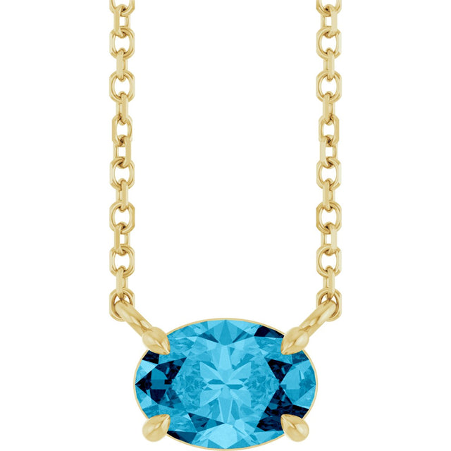 14K Gold Oval Natural Aquamarine Solitaire Necklace - Yellow Gold