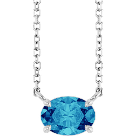 14K Gold Oval Natural Blue Zircon Solitaire Necklace - White Gold