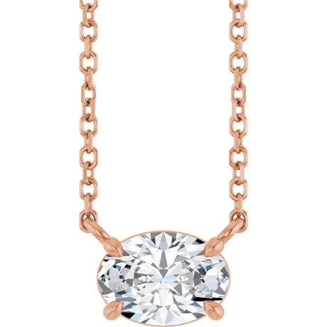 14K Gold Oval Natural White Sapphire Solitaire Necklace - Rose Gold