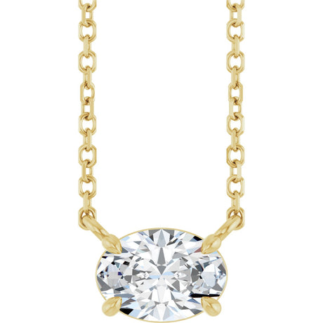 14K Gold Oval Natural White Sapphire Solitaire Necklace - Yellow Gold