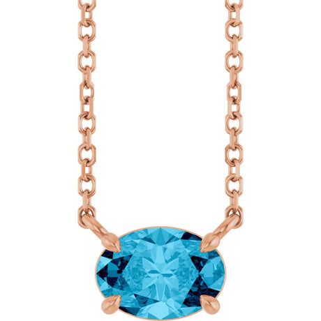 14K Gold Oval Natural Aquamarine Solitaire Necklace - Rose Gold