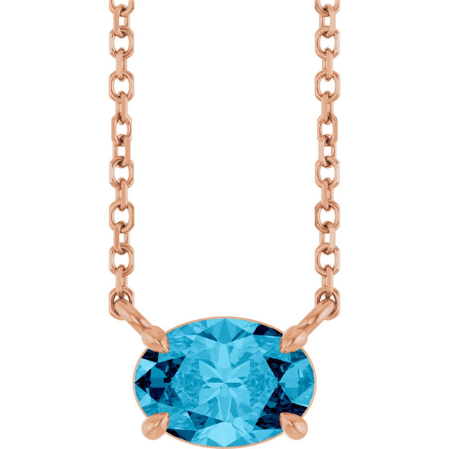 14K Gold Oval Natural Aquamarine Solitaire Necklace - Rose Gold