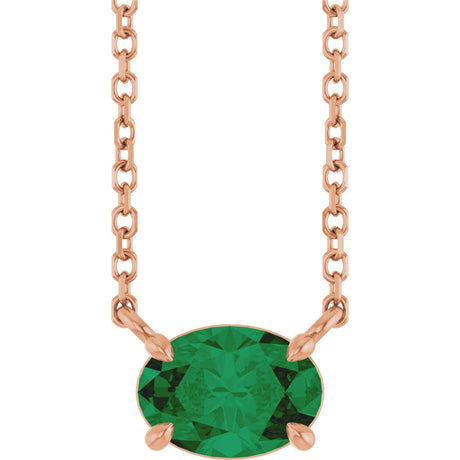 14K Gold Oval Natural Emerald Solitaire Necklace - Rose Gold