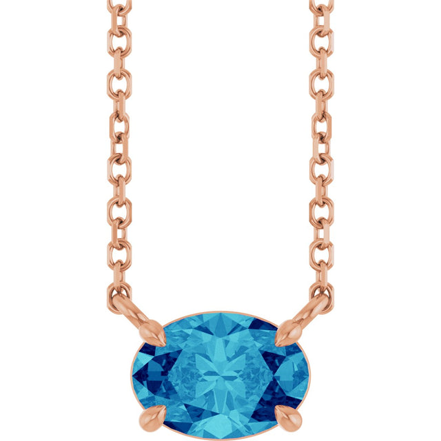 14K Gold Oval Natural Blue Zircon Solitaire Necklace - Rose Gold