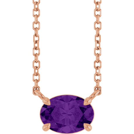 14K Gold Oval Natural Amethyst Solitaire Necklace - Rose Gold