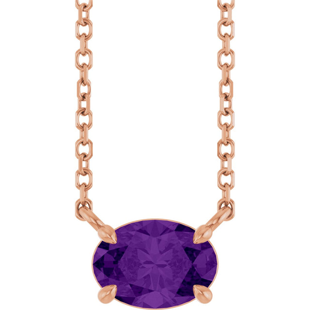 14K Gold Oval Natural Amethyst Solitaire Necklace - Rose Gold