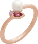 14K Gold Cultured White Akoya Pearl & Natural Pink Tourmaline & Natural Pink Sapphire Accented Pearl Ring - Rose Gold