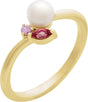 14K Gold Cultured White Akoya Pearl & Natural Pink Tourmaline & Natural Pink Sapphire Accented Pearl Ring - Yellow Gold