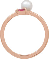 14K Gold Cultured White Akoya Pearl & Natural Pink Tourmaline & Natural Pink Sapphire Accented Pearl Ring - Rose Gold - view 2