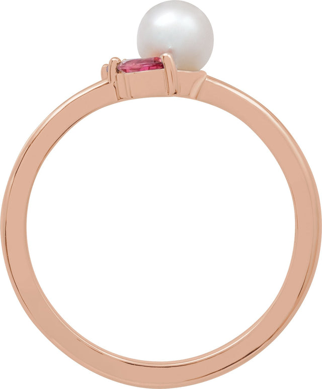 14K Gold Cultured White Akoya Pearl & Natural Pink Tourmaline & Natural Pink Sapphire Accented Pearl Ring - Rose Gold - view 2