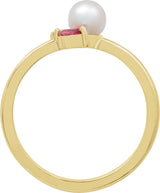 14K Gold Cultured White Akoya Pearl & Natural Pink Tourmaline & Natural Pink Sapphire Accented Pearl Ring - Yellow Gold - view 2
