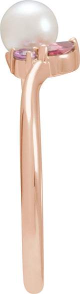 14K Gold Cultured White Akoya Pearl & Natural Pink Tourmaline & Natural Pink Sapphire Accented Pearl Ring - Rose Gold - view 3
