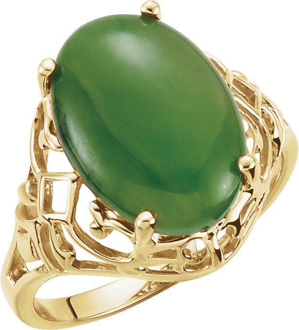 14K Gold Oval Natural Nephrite Jade Solitaire Ring