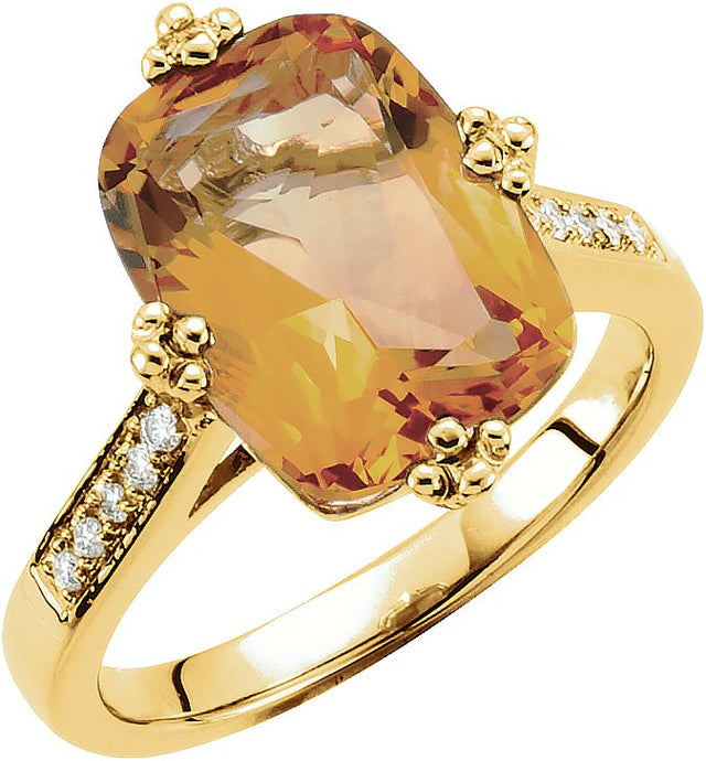 14K Gold Elongated Cushion Natural Citrine & Natural Diamond Accented Ring
