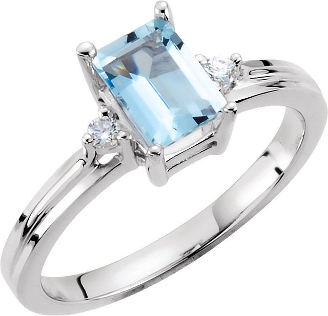 14K Gold Emerald Natural Aquamarine & Natural Diamond Accented Ring – 7x5mm