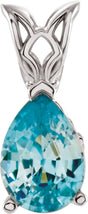 14K Gold Pear Natural Blue Zircon Solitaire Necklace or Pendant