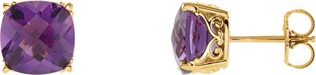 14K Gold Cushion Natural Amethyst Square 4-Prong Stud Earrings