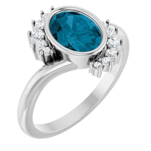 14K Gold Oval Natural London Blue Topaz & Natural Diamond Accented Ring - White Gold