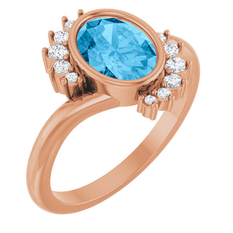 14K Gold Oval Natural Swiss Blue Topaz & Natural Diamond Accented Ring – 8x6mm - Rose Gold
