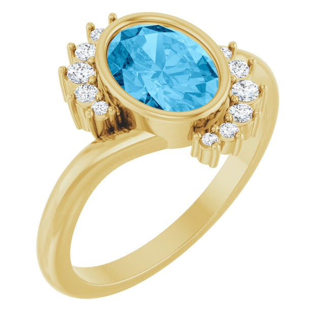 14K Gold Oval Natural Swiss Blue Topaz & Natural Diamond Accented Ring – 8x6mm - Yellow Gold