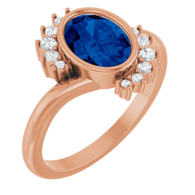 14K Gold Oval Lab-Grown Blue Sapphire & Natural Diamond Accented Ring – 8x6mm - Rose Gold