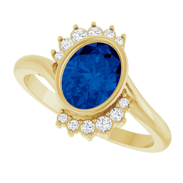 14K Gold Oval Lab-Grown Blue Sapphire & Natural Diamond Accented Ring – 8x6mm - Yellow Gold - view 5