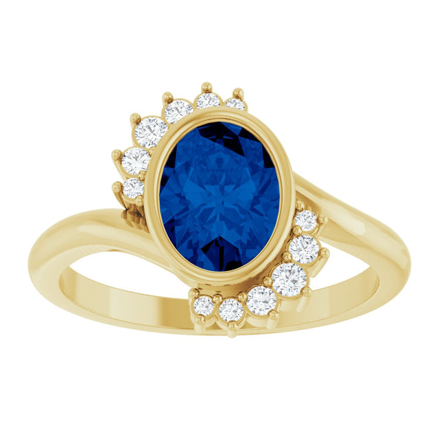 14K Gold Oval Lab-Grown Blue Sapphire & Natural Diamond Accented Ring – 8x6mm - Yellow Gold - view 3
