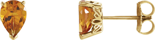 14K Gold Natural Citrine Pear 3-Prong Scroll Setting Stud Earring