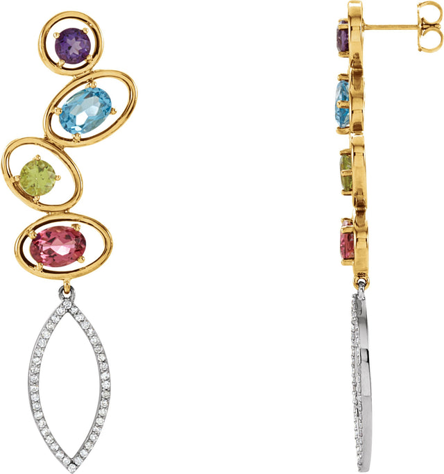 14K Gold Natural Pink Tourmaline & Natural Swiss Blue Topaz & Natural Amethyst & Natural Peridot & Natural Diamond Multi-Gemstone Earrings