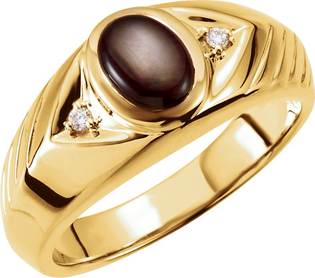 14K Gold Oval Natural Black Star Sapphire & Natural Diamond Bezel-Set Accented Ring - view 3