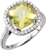14K Gold Cushion Natural Lemon Quartz & Natural Diamond Halo-Style Ring