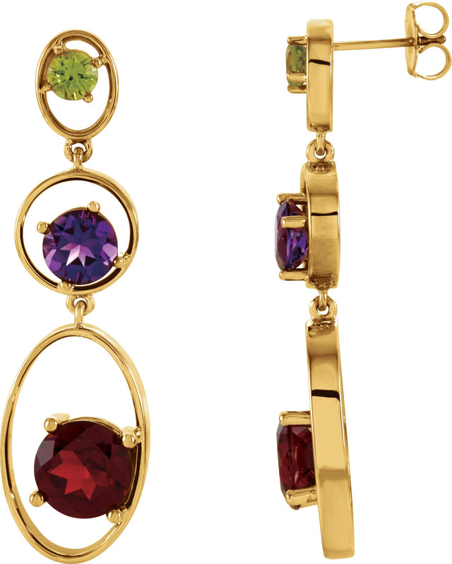 14K Gold Round Natural Mozambique Garnet & Natural Amethyst & Natural Peridot Graduated Geometric Earrings – 8mm Stones