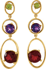 14K Gold Round Natural Mozambique Garnet & Natural Amethyst & Natural Peridot Graduated Geometric Earrings – 8mm Stones - view 2