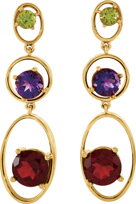 14K Gold Round Natural Mozambique Garnet & Natural Amethyst & Natural Peridot Graduated Geometric Earrings – 8mm Stones - view 2