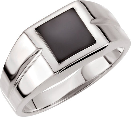 10K Gold Square Natural Black Onyx Bezel-Set Cabochon Ring - White Gold
