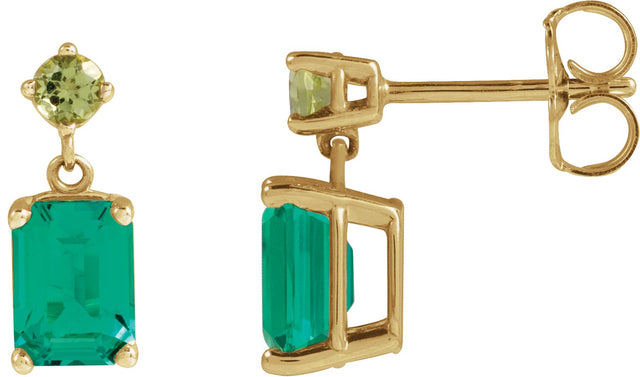 14K Gold Emerald Lab-Grown Emerald & Natural Peridot Accented Earrings - Yellow Gold