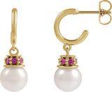 14K Gold Cultured White Freshwater Pearl & Natural Pink Tourmaline Pearl Hoop Earrings – 7mm Stones - Yellow Gold