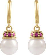 14K Gold Cultured White Freshwater Pearl & Natural Pink Tourmaline Pearl Hoop Earrings – 7mm Stones - Yellow Gold - view 2